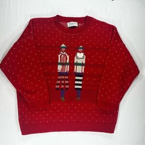Vintage Red Novelty Cotton Sweater — Graphic Dolls, 80s Retro Holiday Knit PM